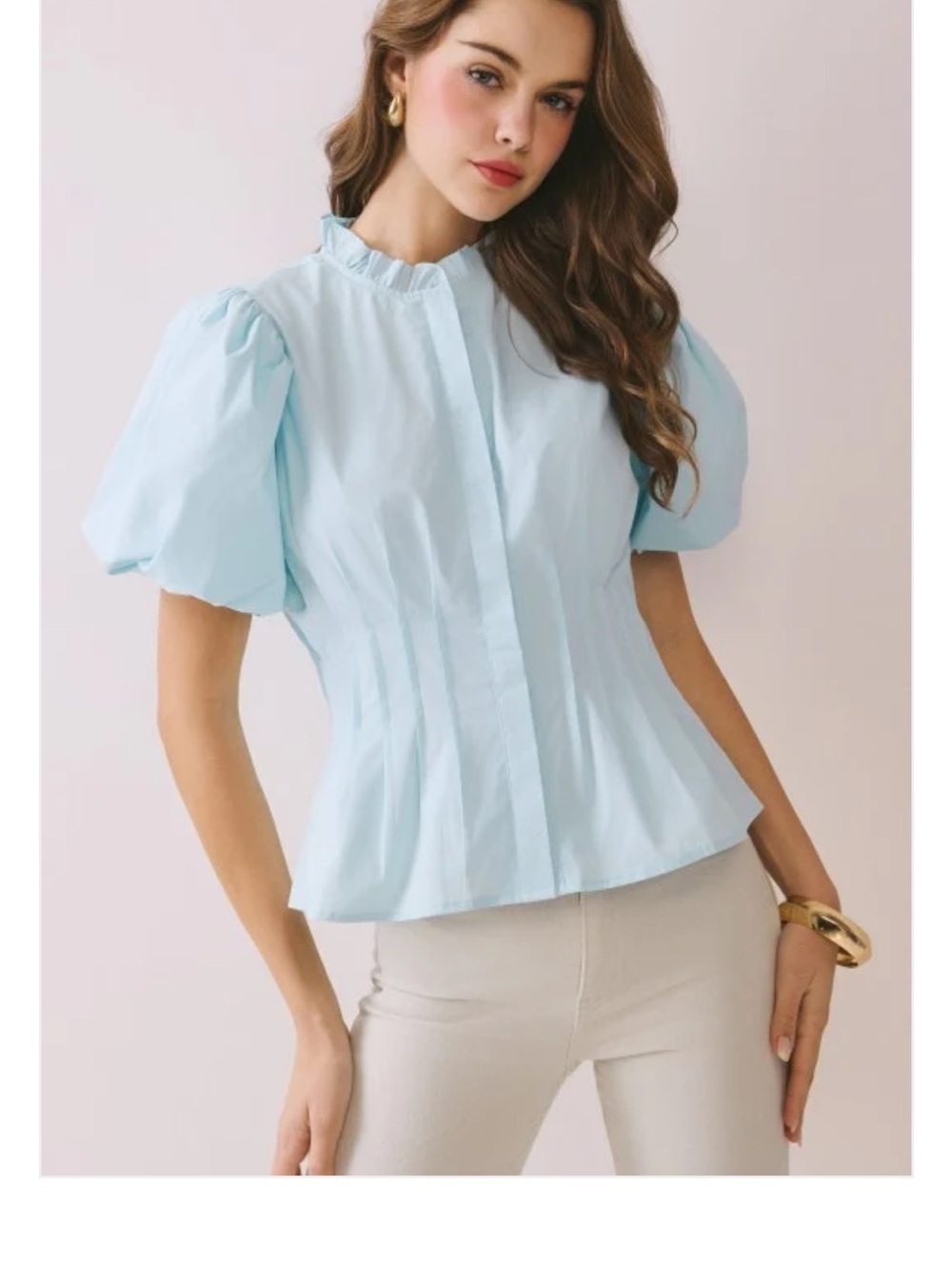 Light Blue Puff Balloon Sleeve Ruffle Neck Blouse New M TCEC Button Down Shirt